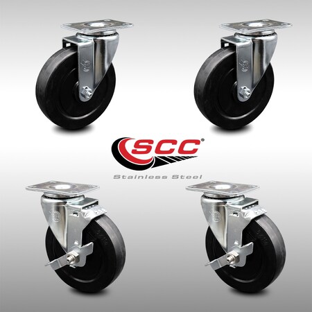 Service Caster 5 Inch SS Soft Rubber Wheel Swivel Top Plate Caster Set with 2 Brakes SCC SCC-SS20S514-SRS-2-TLB-2